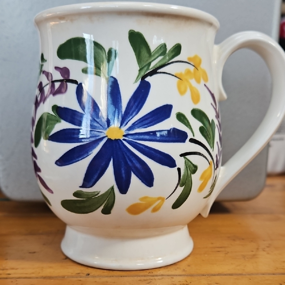 Portmeirion Hand-Painted Floral Ceramic Mug in Blue, Yellow, Green, Purple